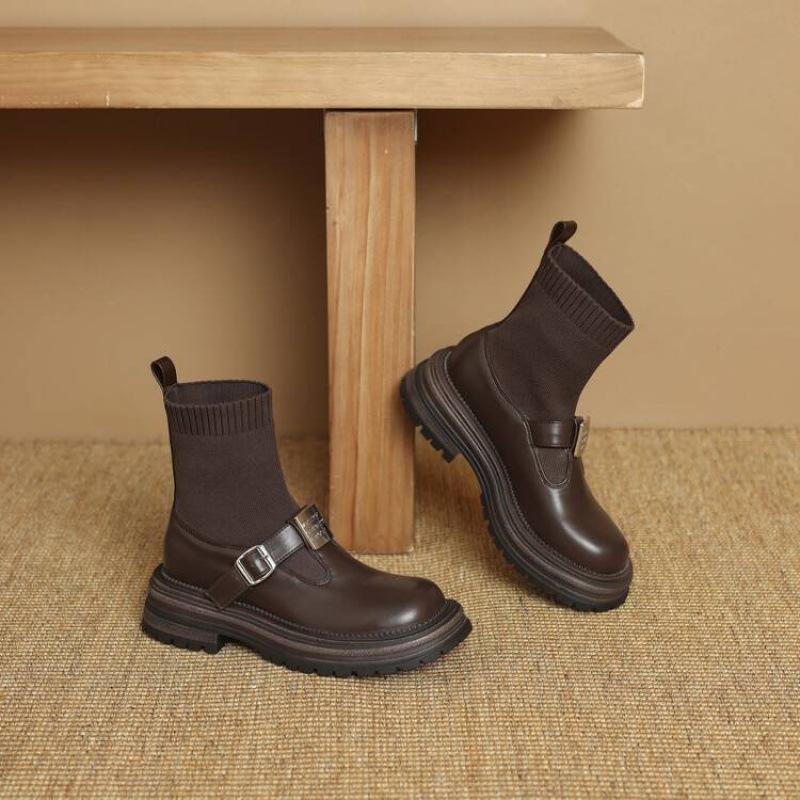 Autumn and winter women's medium heel thick-soled knight boots women's comfort sleeve medium boots leather women's boots Korean version large