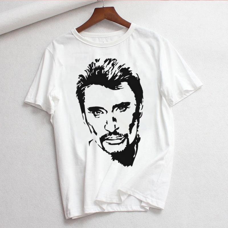 Johnny Hallyday Print T Shirt Women White and Black Shirts Fashion Round Neck Short Sleeve Cotton TShirt