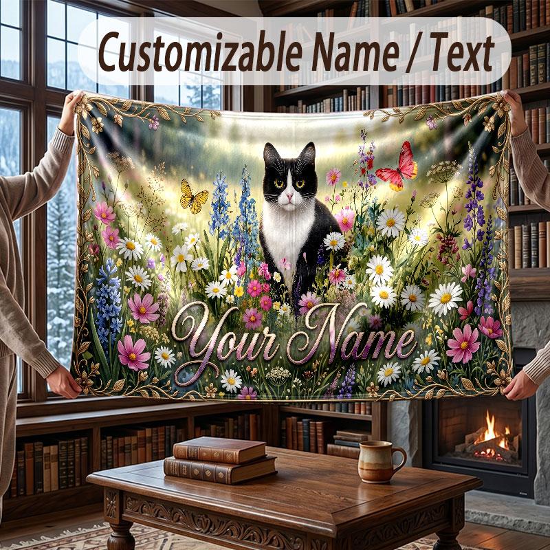 Cat Theme Throw Blanket Custom Name Text Personalized Blanket Soft Cozy Blanket for Home Sofa Bed