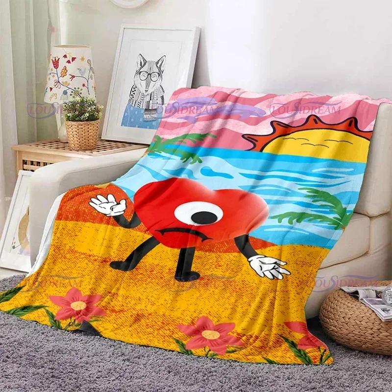 Cartoon Bad Bunny Coperta Coperte di flanella Musica pop latina Coperte calde in pile di peluche per biancheria da letto per divano adulto per tutte le stagioni