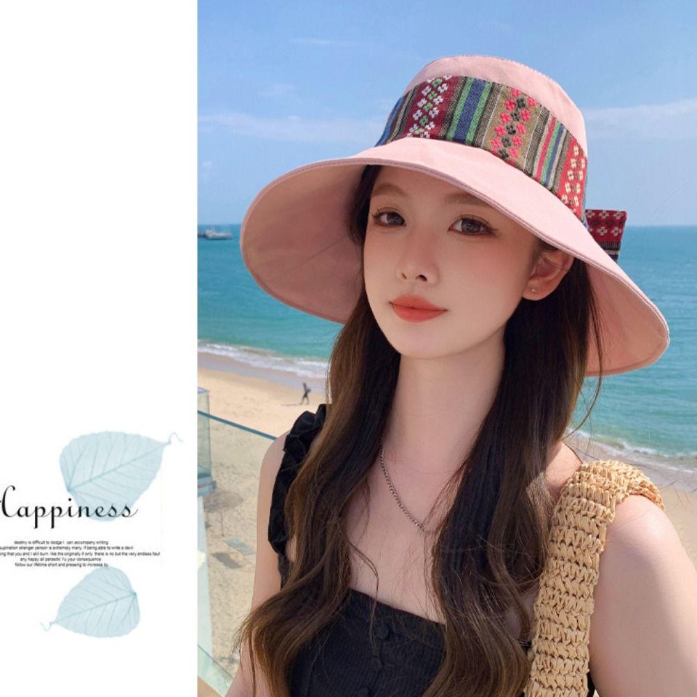 Etnisk Stil Dam Solhatt Anti-UV Bred Brätte Hinkhatt Mode Rosett Fiskarkeps Resa