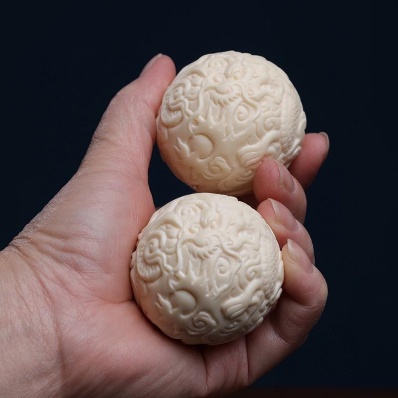 Ivory Dragon & Phoenix Fruit Massage Hand Balls - Wooden Walnut Health Gift for Elders