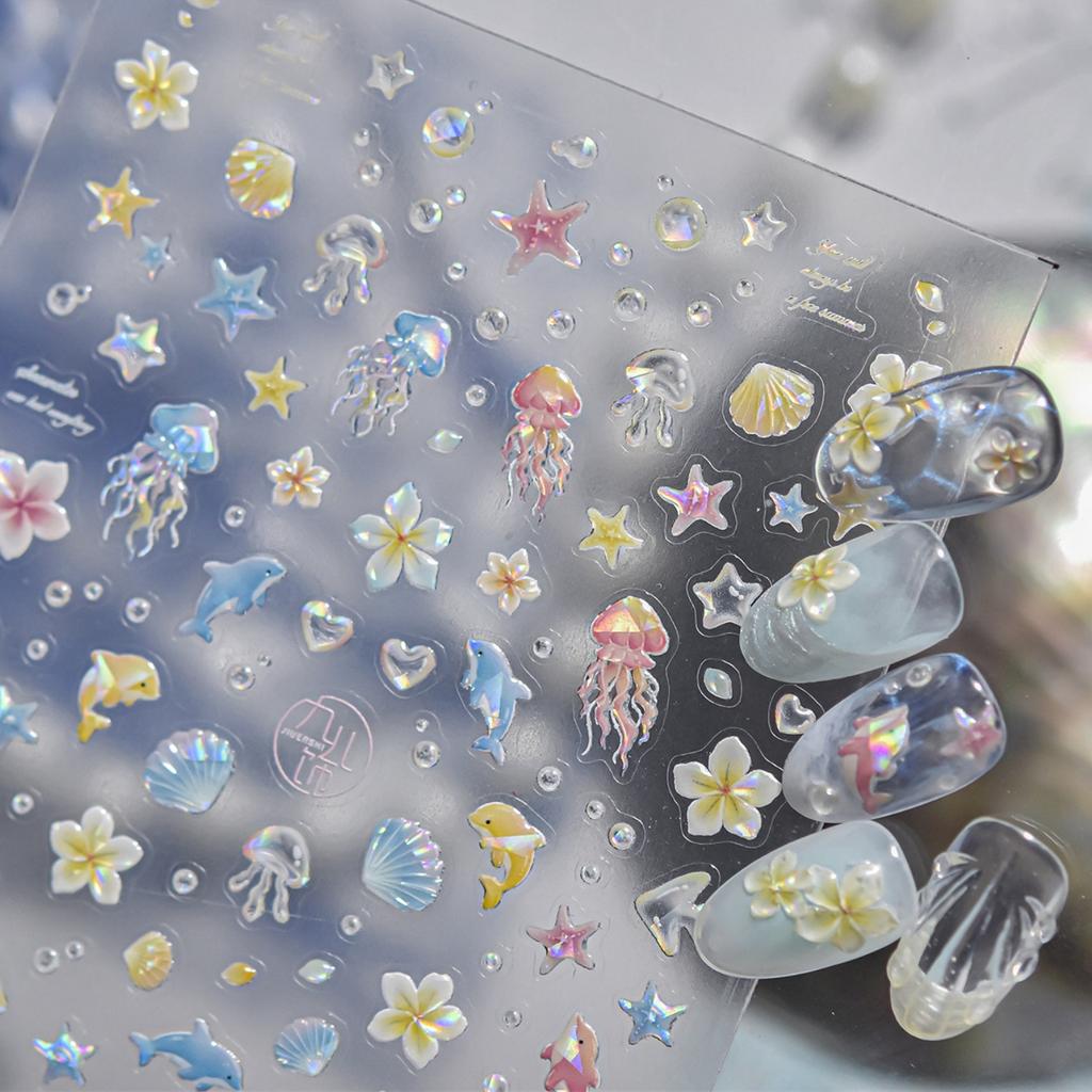 1pcs Ocean Marine Life Jellyfish Dolphin Shell Starfish Frangipani Ocean 5D Nail Art Stickers Embossed Nail Decals