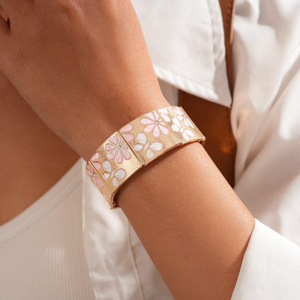 Silver Drip Oil Flower Bracelet Gold Elastic Bangles Geometric Square Bangle Girls Gift