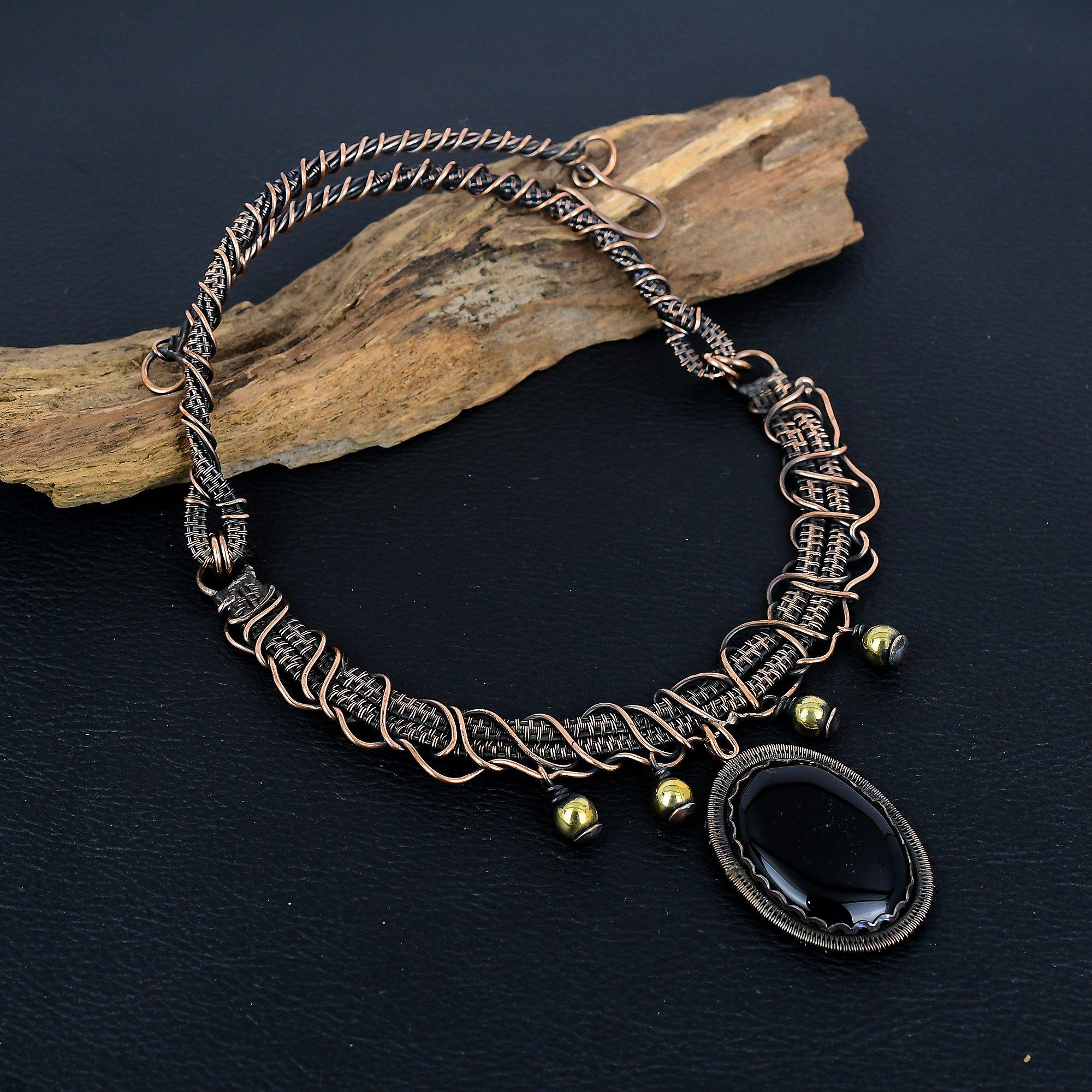 

Ожерелье из черного оникса, Ожерелье, обернутое медной проволокой 999 пробы с драгоценным камнем, Ювелирные изделия ручной работы, Подарок на день рождения и годовщину для нее