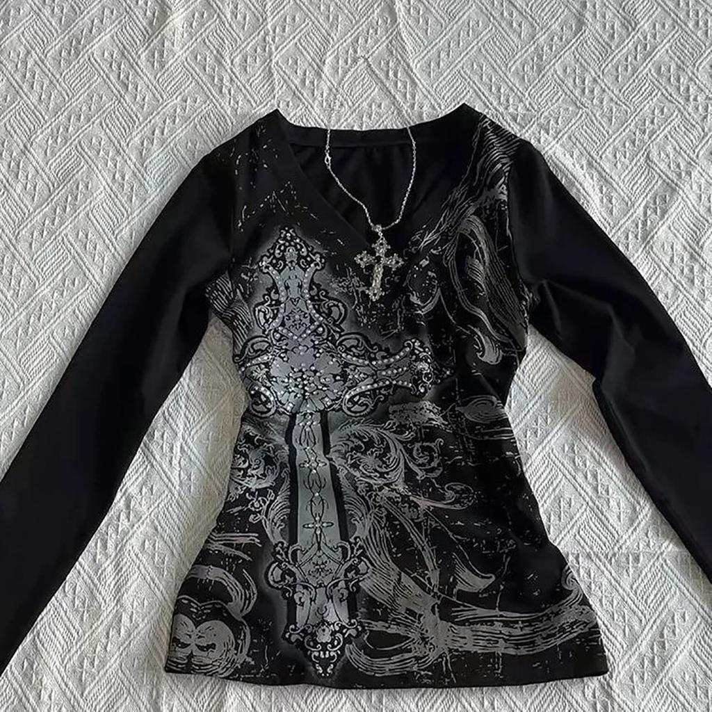 Y2K Damen Hip Hop 90er Vintage Punk T-Shirt Herbst Streetwear Sexy Kurzarm Gothic Slim Crop Top Hotgirl Lässiges T-Shirt