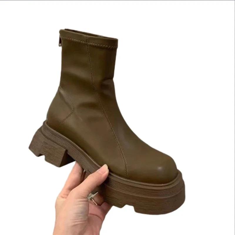 Mode Knöchelhohe Mittelhohe Absätze Chelsea Boots Winter Neue Mode Plateau Damen Reißverschluss Schuhe Goth Lässige Motorradstiefel Damen Dicke Schuhe