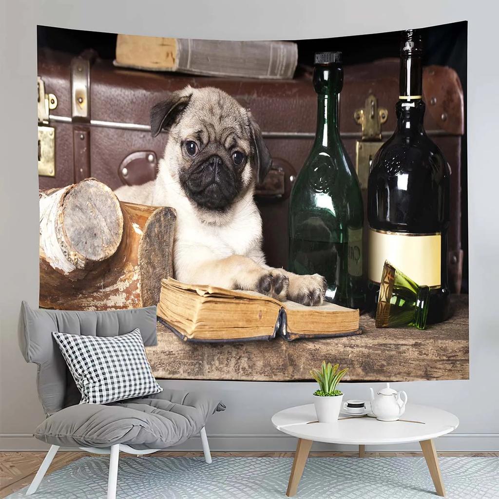 Cute Pug Dog Tapestry Animals Illustration Tapestry Dazed Puppy Tapestry Wall Hanging Tapestries Art Living Room Bedroom Dorm