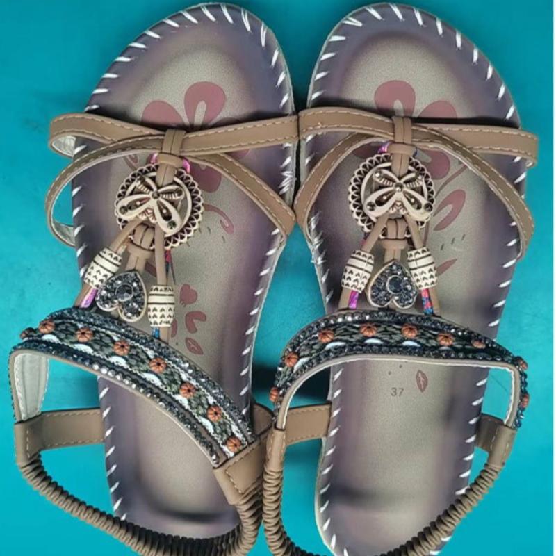 35-45 Women’s Bohemian Flat Beaded Rhinestone Beach Sandals BOHO Slides