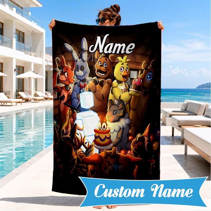 Custom Name Five Nights horror Theme Heart In Space Adventure Microfiber Beach Towel, Lightweight for Summer Travel, Swimming Pool Fan Gift