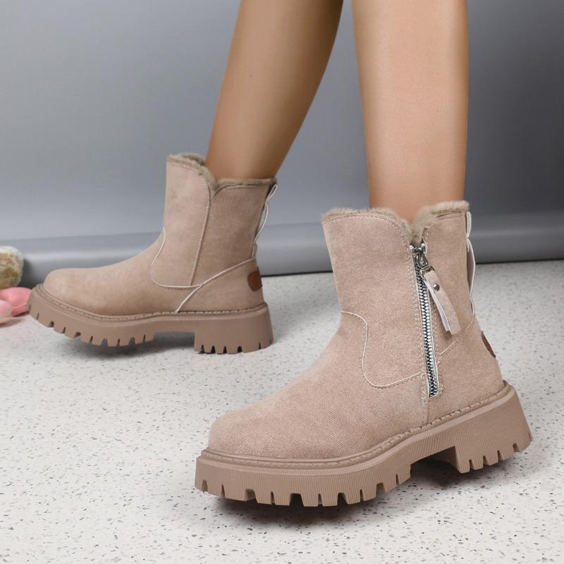 Large-sized,Fleece and Thickened Cotton Shoes for Women's 2025 Winter New Style Fashionable Round-toed Thick-soled Women's Boots