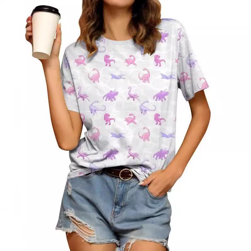 Cute Dinosaur Pattern 3D Digital Print Women's Fashionable Round Neck Short Sleeved T-shirt