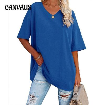 Sommer Damen T-Shirt Casual Einfarbig V-Ausschnitt Große Größe Lose Kurzarm Top