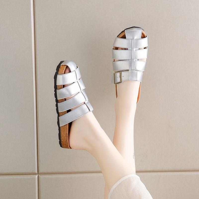 2025 Summer Thick Bottom Soft Sole Retro Style Pure Color Women's Slippers Comfortable Casual Large Size Slip-On Shoes