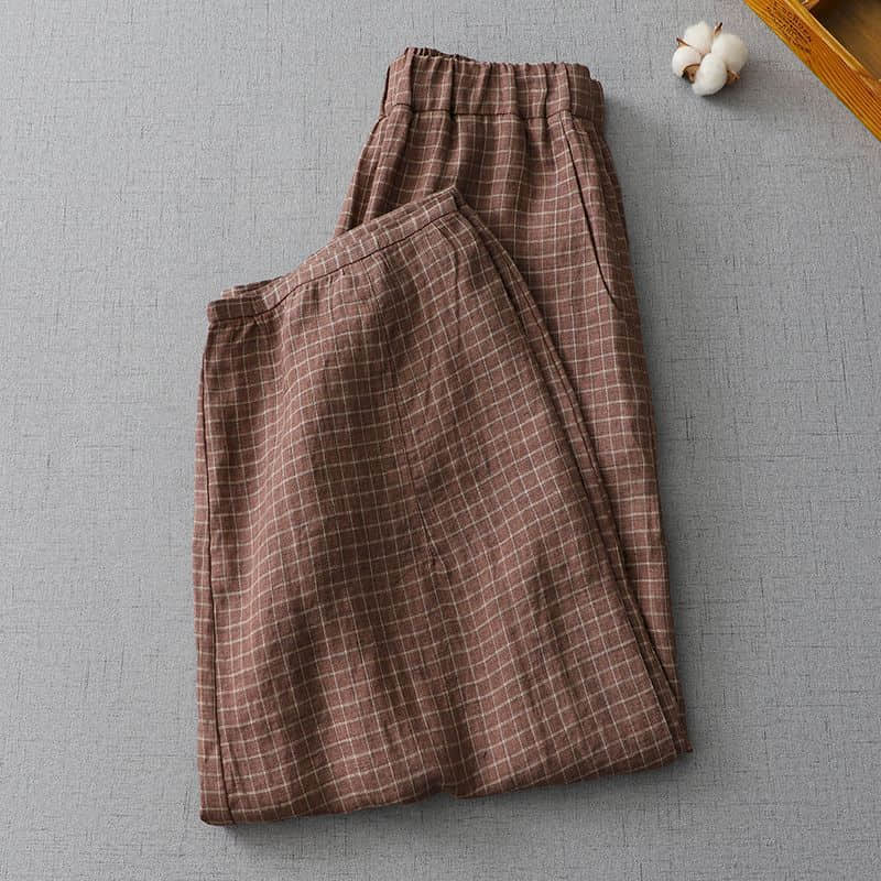 Cotton Linen Pants Plaid Loose Casual Vintage Korean Fashion Harajuku Trousers Women Clothing Bloomers Lantern Baggy Pants