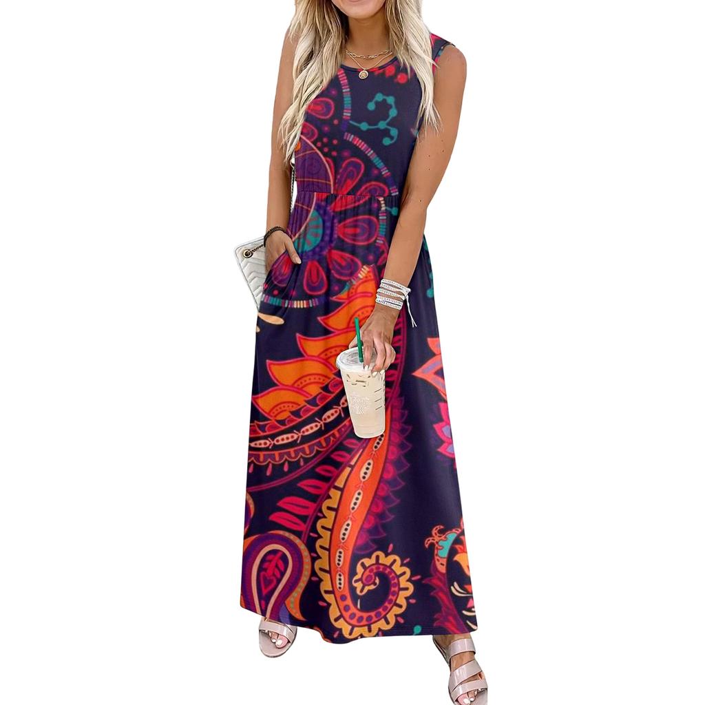 Ladies' Floral Print Casual And Fashionable Waist Cinched Sleeveless Dress