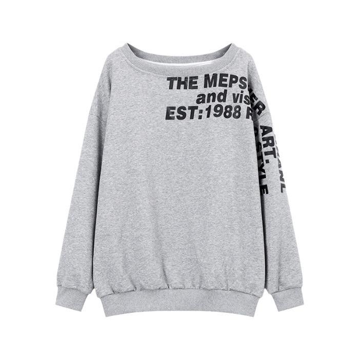 Women's Oversized Gray Off-Shoulder Sweater with American Letter Print, Perfect for Early Autumn.