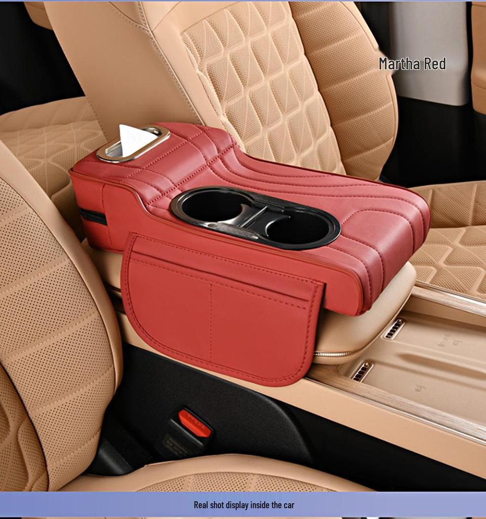 2025 Premium Leather Car Armrest Cover with Riser Pad & Dual Cup Holder