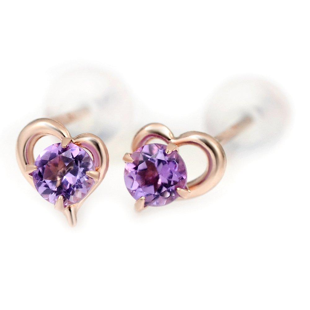 10K Pink Gold Open Heart Stud Earrings (Pair) with February Birthstone Amethyst
