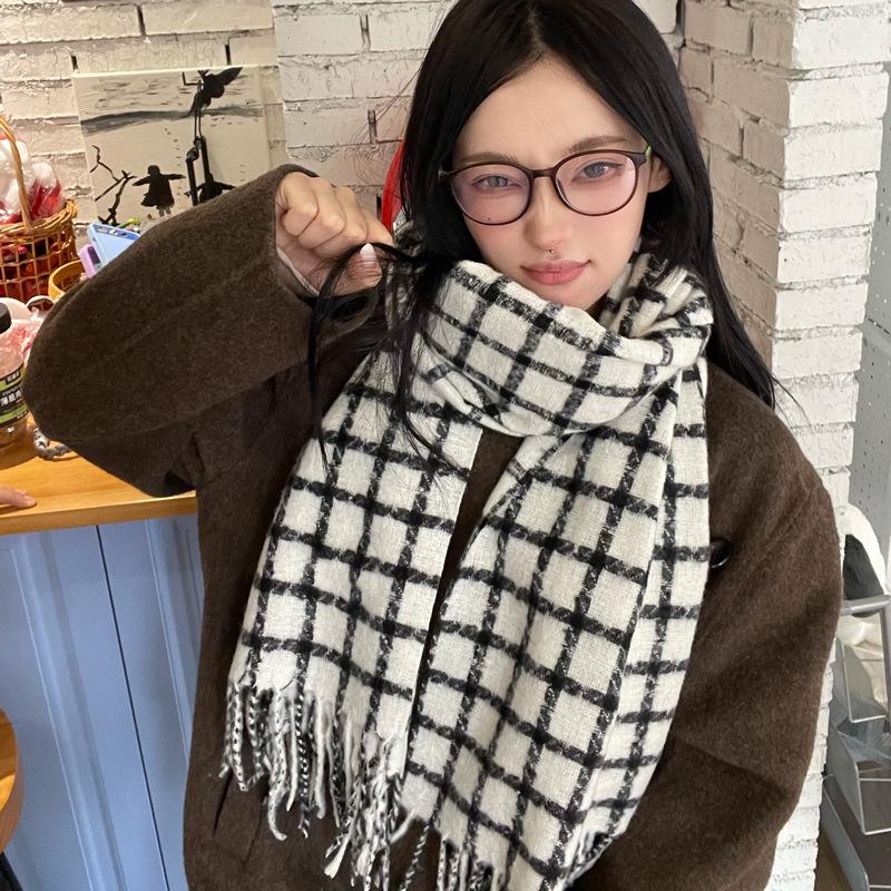 Women's Faux Cashmere Plaid Scarf - Korean Style, Thick & Warm Autumn/Winter Shawl
