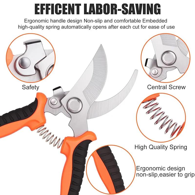 Stainless Steel Garden Pruning Shears, Spring - Assisted & Safety Lock, Multi Use for Trimming/Fruit Picking/Flower Arrangement