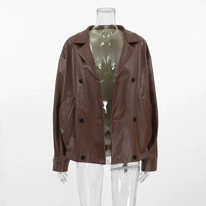 

European and American Autumn and Winter Fashion Retro Suit Collar Outerwear Loose PU Leather Loose PU Leather Jacket Brown L