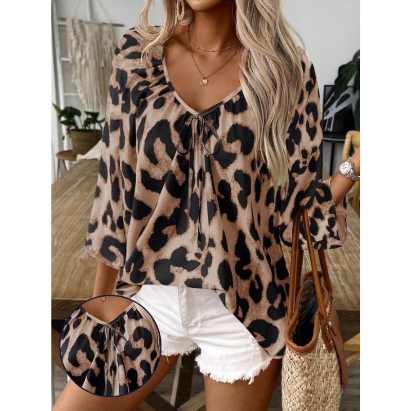 

Весенне-летняя мода V-образный вырез плиссированный пуловер топ с леопардовым принтом рукав три четверти женские блузки и рубашки XXL верблюд