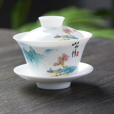 Gaiwan de Porcelana Blanca Dibujado a Mano Sopera de Porcelana Caqui Con Taza Platillo Posavasos Bol Cubierto Con Tapa Tazas de Bol Pintadas a Mano