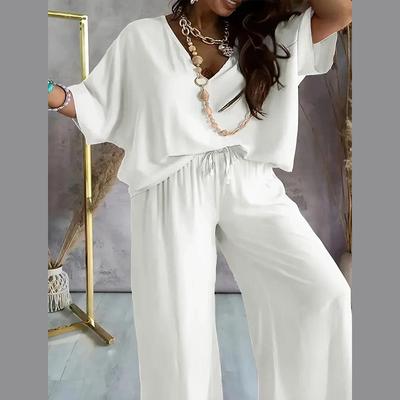 Women's V-Neck Bat Sleeve Casual Solid Color Loose Wide Leg Pants Set