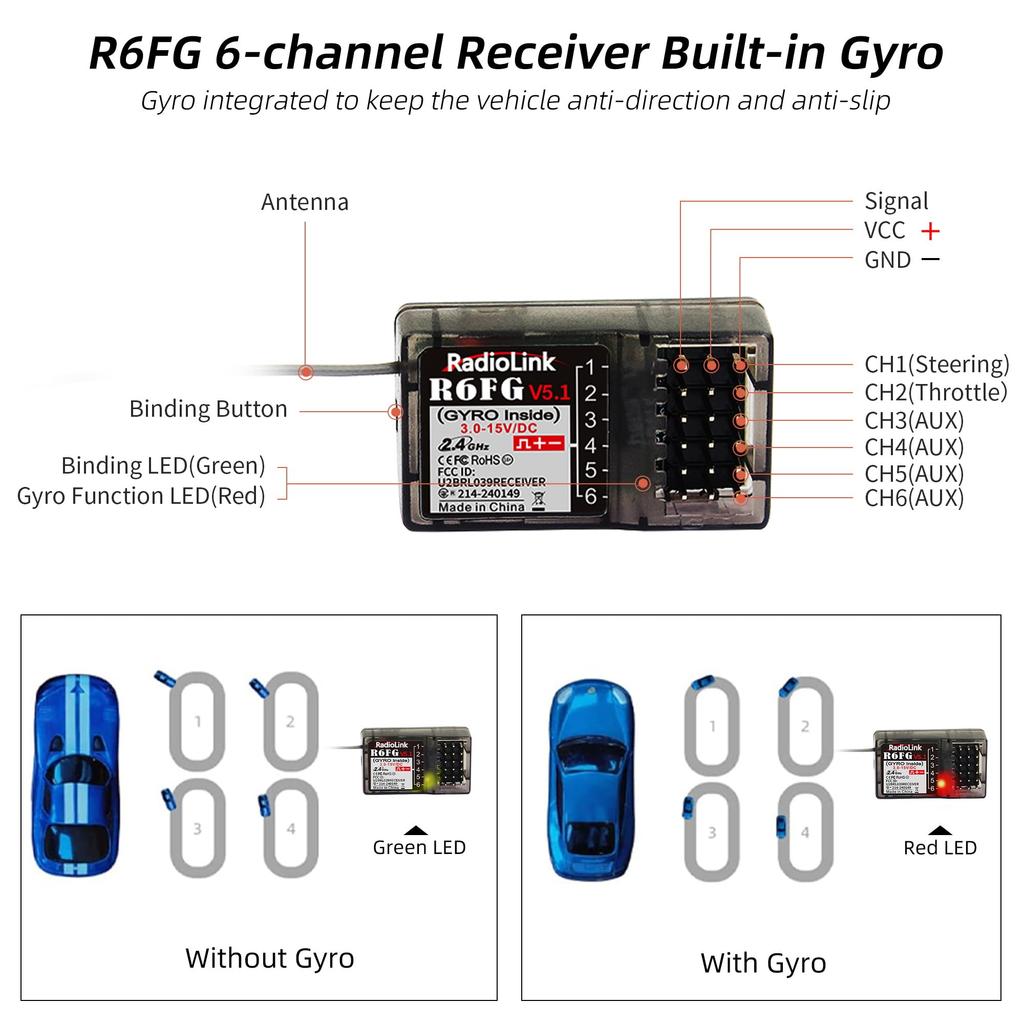 Radiolink R6FG FHSS 6CH Receiver with Gyro for RC Car Boat Compatible with RC4GS RC6GS 2.4GHz Built-in