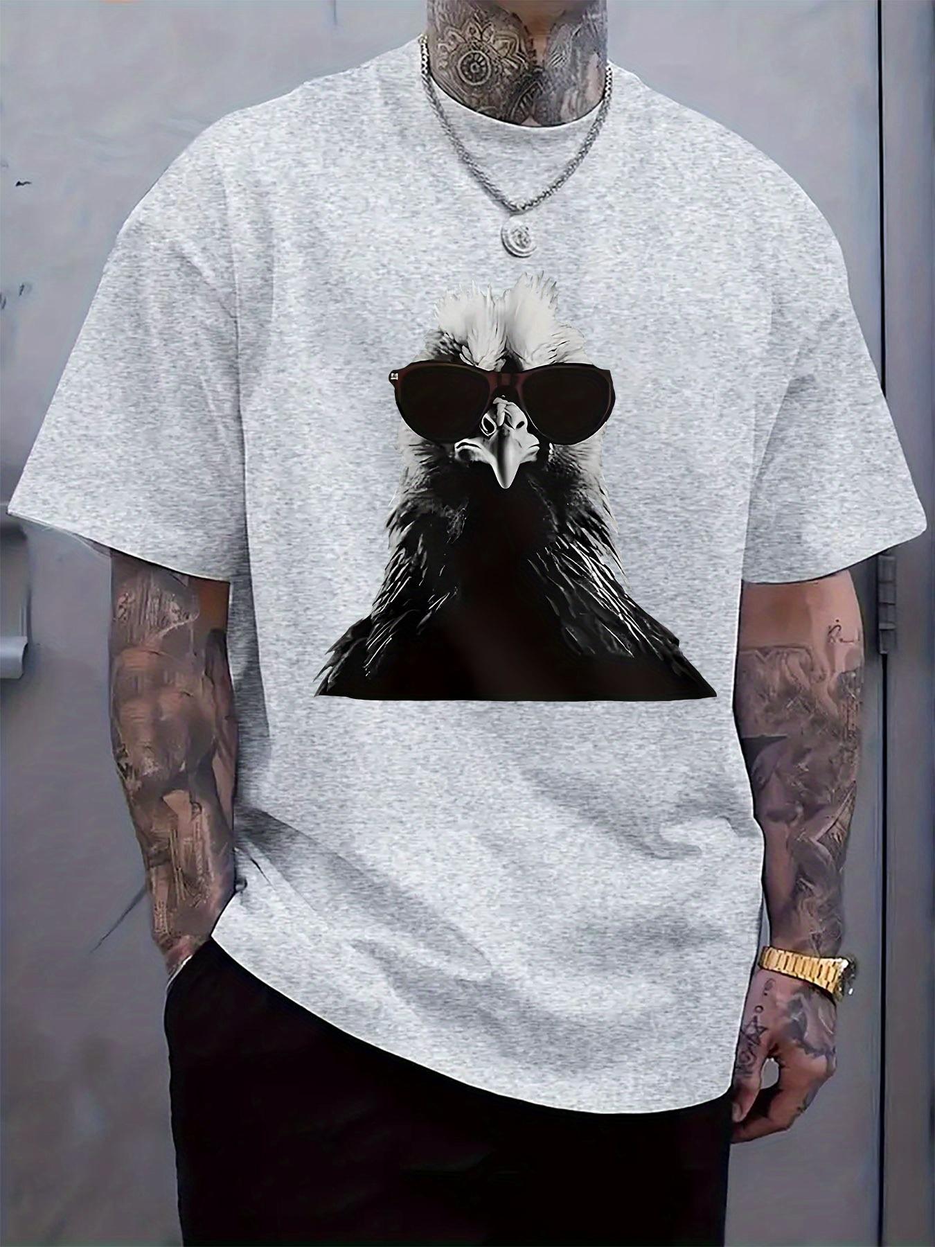 Light Gray Casual T-shirt with Stylish Rooster Print - Short Sleeve XXXL