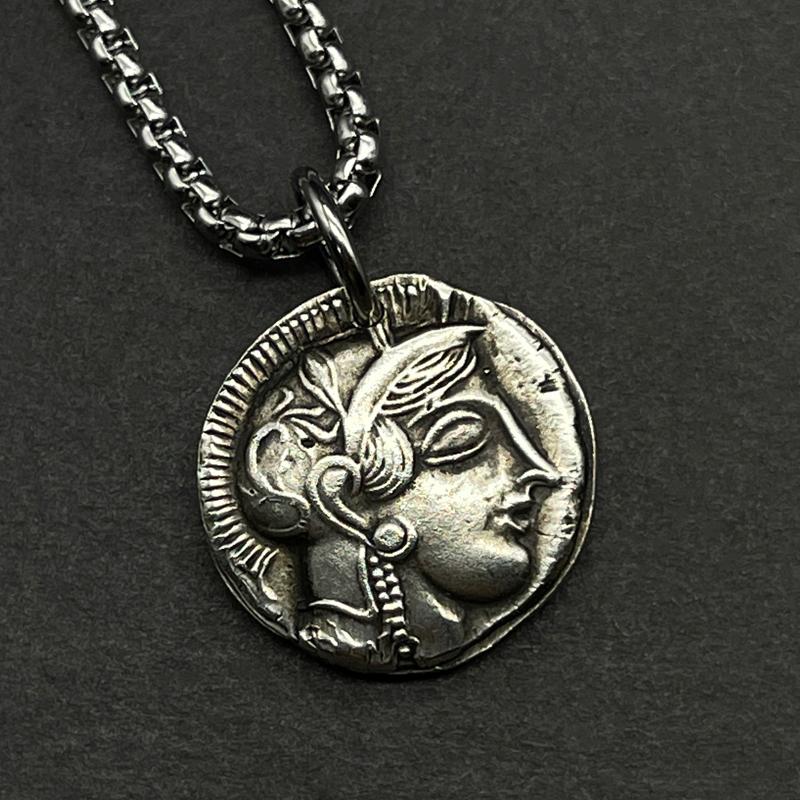 Recarved Greek Silver Plated Coin The Goddess Of Wisdom Athena Necklace Owl Ancient Athens Silver Coin Pendant Aquarius Patron