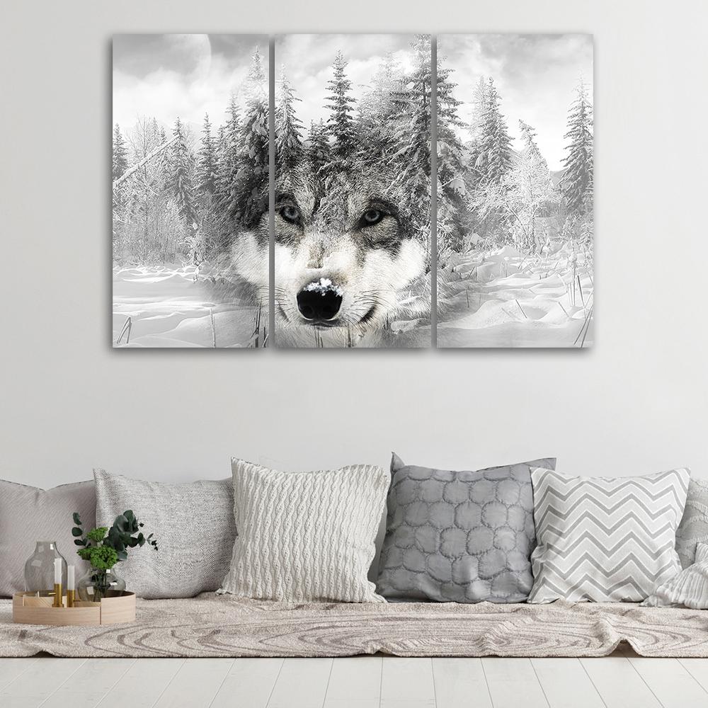 Tre delar bild canvasprint Varg Skog Natur Grå