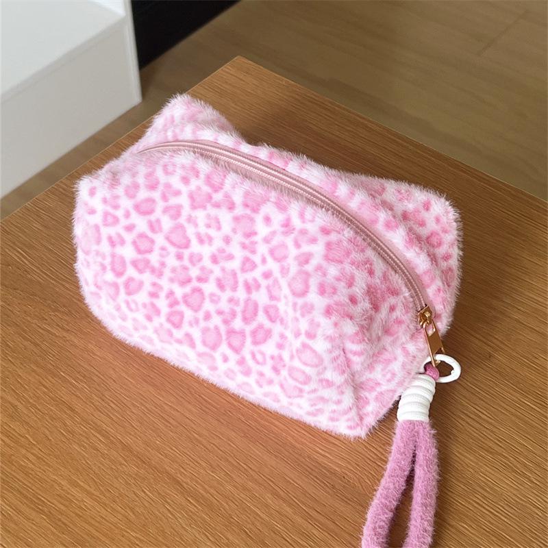 Leopard Print Pink Plush Bag: Large-Capacity, Portable Cosmetic Bag for Fall & Winter