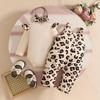 Euro-American Baby Long-Sleeve Set: Letter Bowknot Bodysuit, Leopard Bib Overalls, and Headband