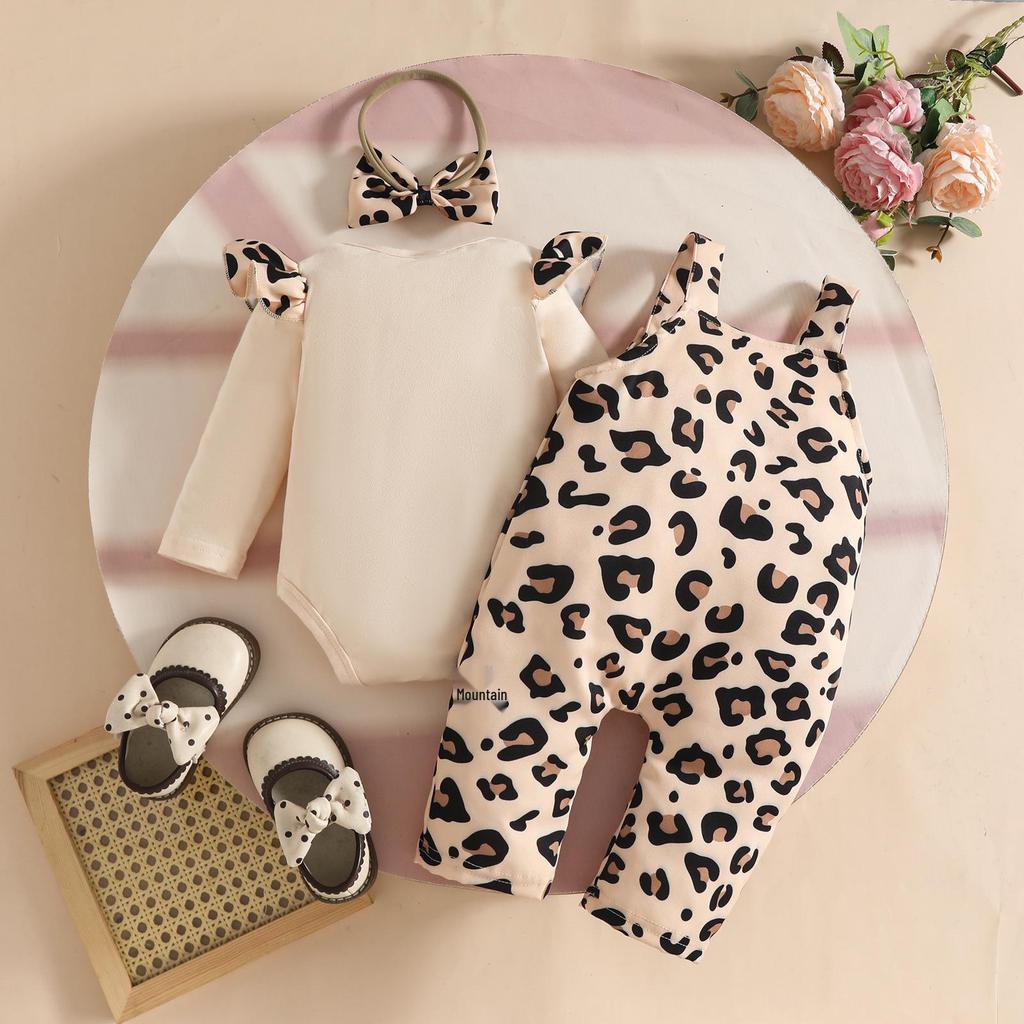 Euro-American Baby Long-Sleeve Set: Letter Bowknot Bodysuit, Leopard Bib Overalls, and Headband