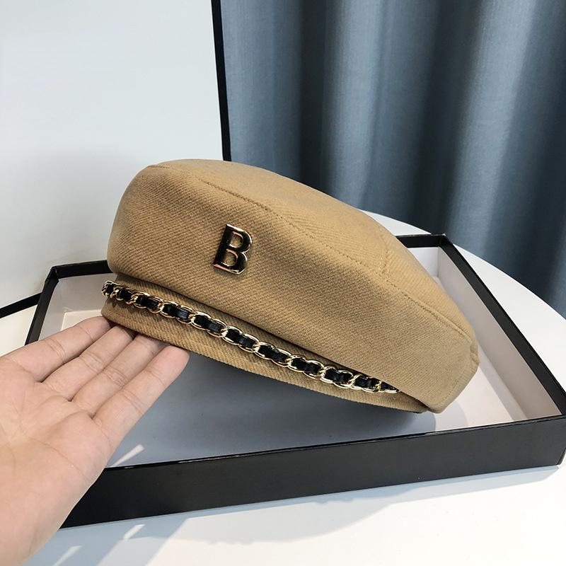 Vintage Wool Beret Hat with Chain Detail and 'B' Embellishment for Women