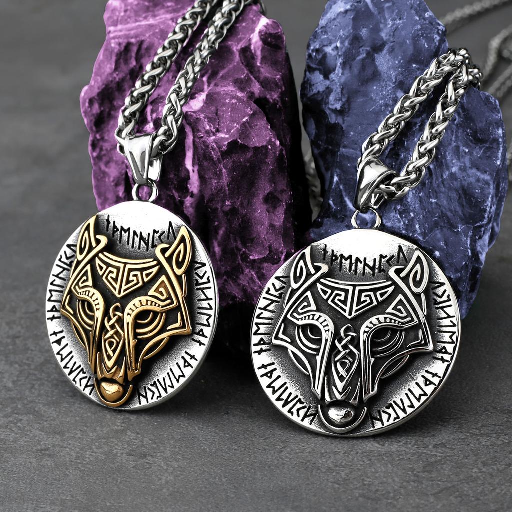 Stainless Steel Viking Mixed Gold Wolf Head Rune Necklace Men Retro Fashion Odin Amulet Pendant Necklace Hip-hop Biker Jewelry