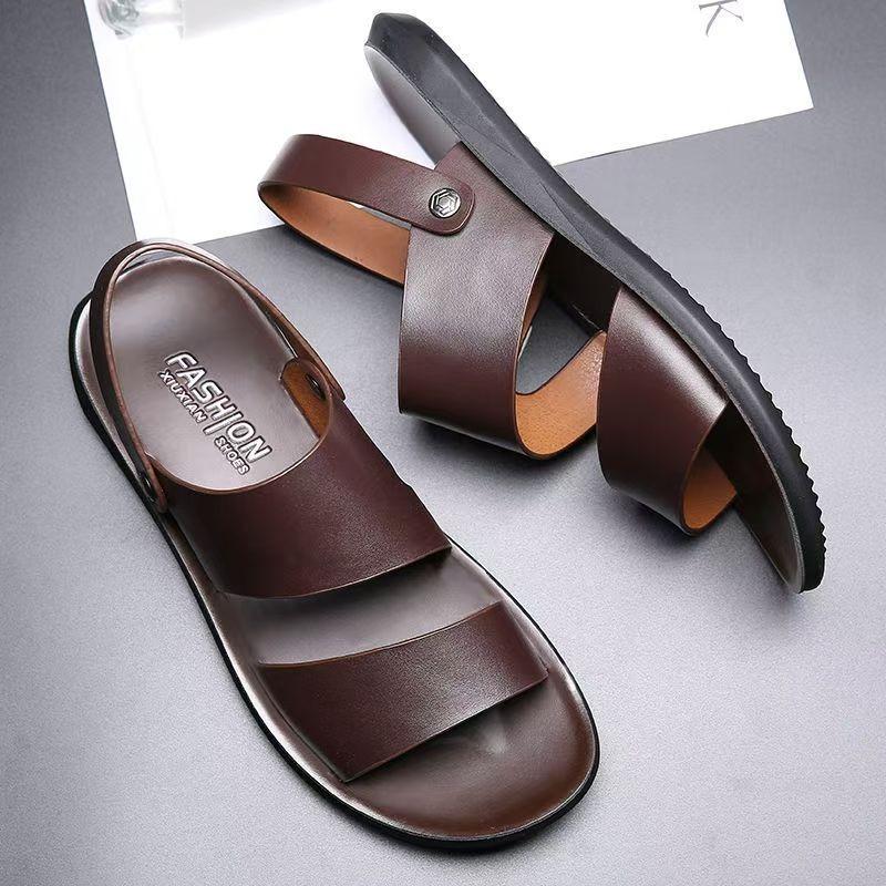 Summer sandals men's platform casual cool slippers genuine leather men's beach shoes one shoe two men wearing sandals