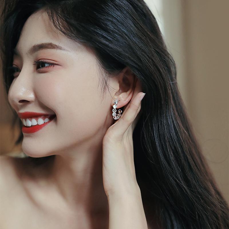 925 Sterling Silver C-Shaped Hoop Earrings With Zircon & Cat'S Eye Ear Accessories For Women