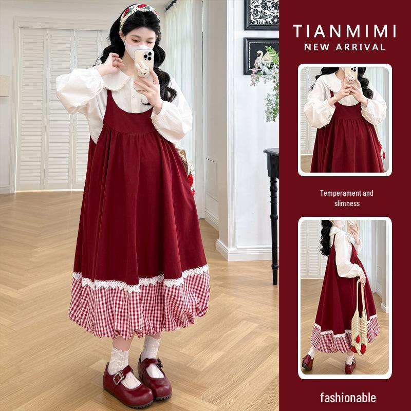Spring/Summer 2026 Red Patchwork Plaid Bubble Skirt & Doll Collar Shirt Set Medium