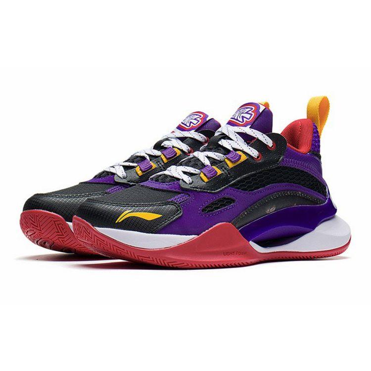 Li Ning Youth Pioneer Ling Team 2.5 Comfortable Mesh Non-Slip Shock Absorbing Mid-Top Basketball Shoes Kids Basketball Shoes Black Purple YKBS050-51