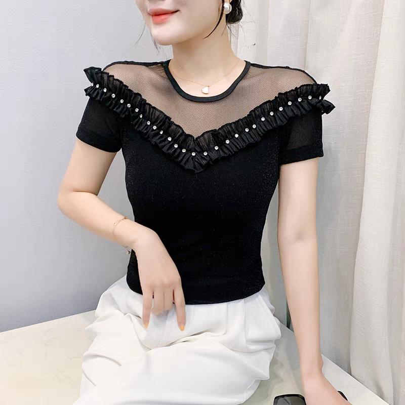 Módní letní dámské elegantní volánky s korálky tričko elegantní s krátkým rukávem s kulatým výstřihem sexy topy dámské univerzální ležérní trička