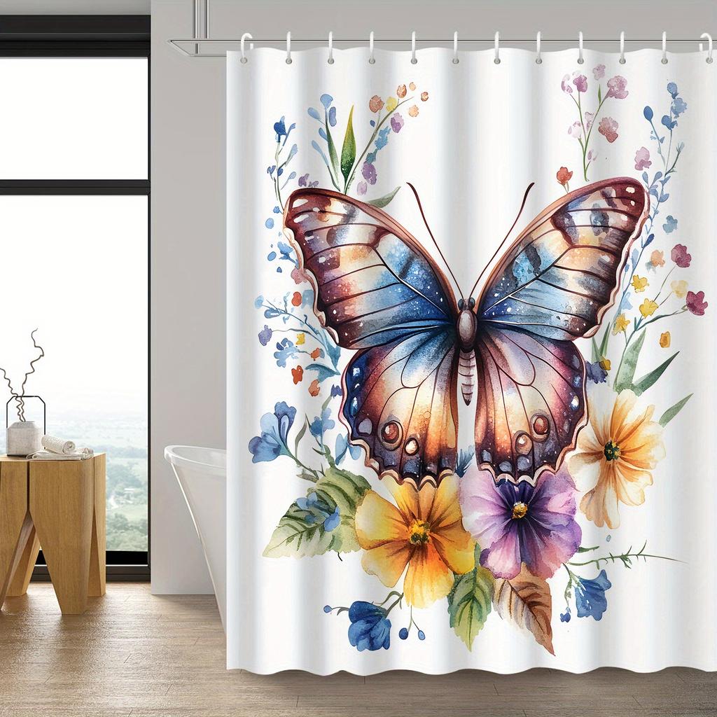 Watercolor Cartoon Butterfly Floral Shower Curtain, 12 Hooks, High Quality for Bathroom Decor