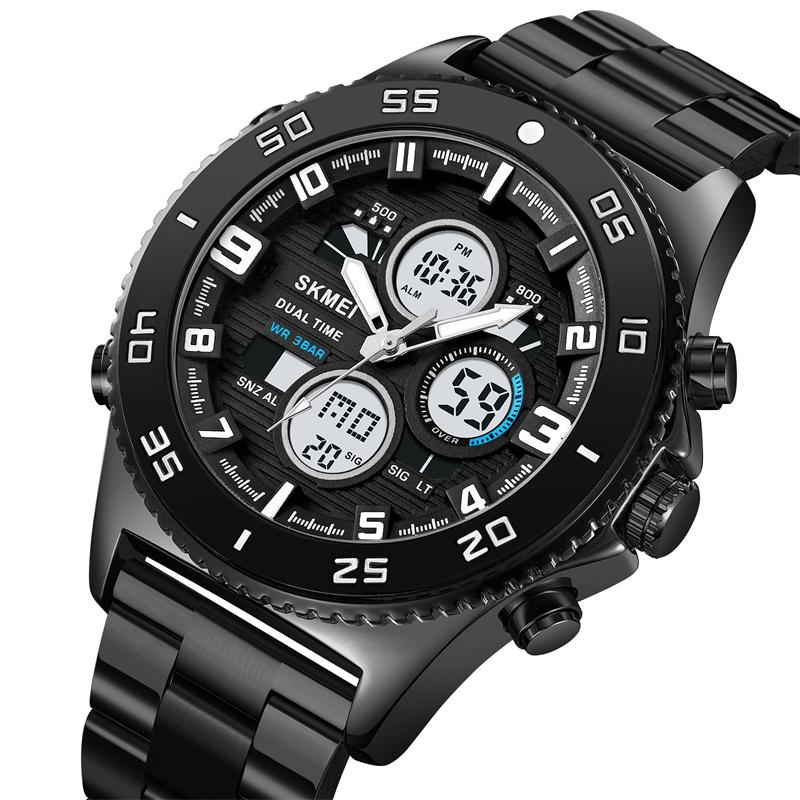Skmei Mens Quartz Sports Waterproof Watches Luxury Stainless Steel Strap Analog Digital Display Dual Time Zone LED Alarm Clock