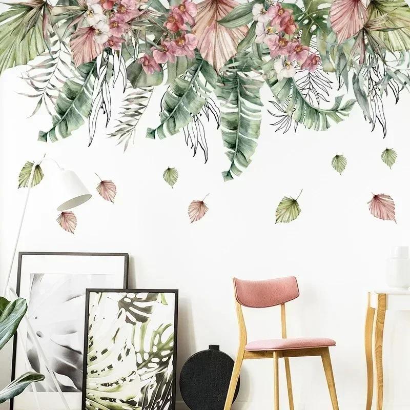 PVC Wall Sticker New Watercolor Green Leaf Tropical Plant Waterproof Living Room Bedroom Corner Decal Decal Leaf