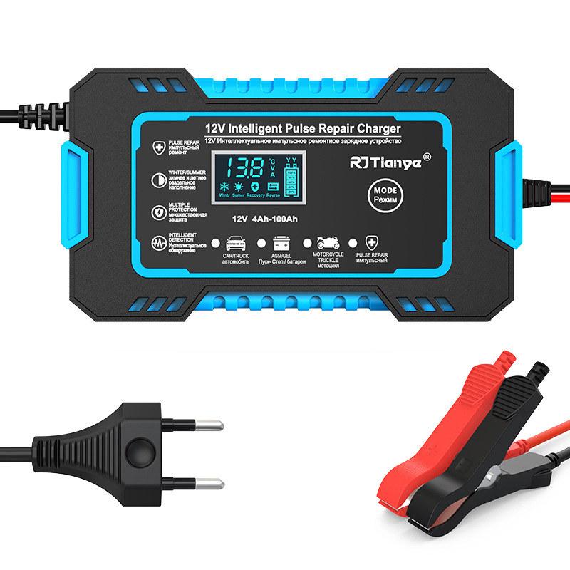 12V 6A Battery Charger for Car Motorcycle Full Automatic Multi-Function Pulse Repair Touch Switch Screen and LCD Display for Wet Dry Lead Acid GZW