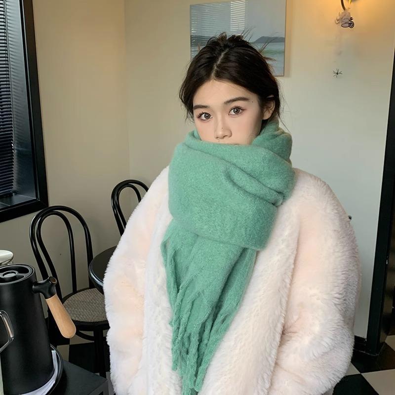 Winter new solid color versatile thickened scarf mohair fringed soft waxy warm student scarf women