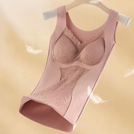 Sleeveless Thermal Tank Top for Women Fleece Lined Lace V Neck Base Layer with Built In Bra Warm Camisole Undershirts for Cold Weather