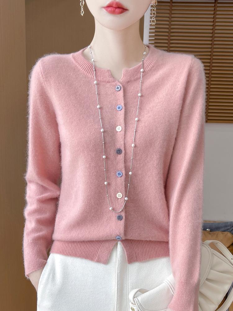 Women's 2024 Pure Wool Knit Cardigan - Round Neck, Long Sleeve, Versatile Base Layer